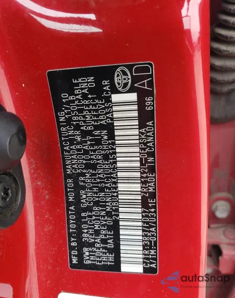 2010 Toyota Corolla Base z USA, uszkodzony, nr VIN 2T1BU4EEXAC515121